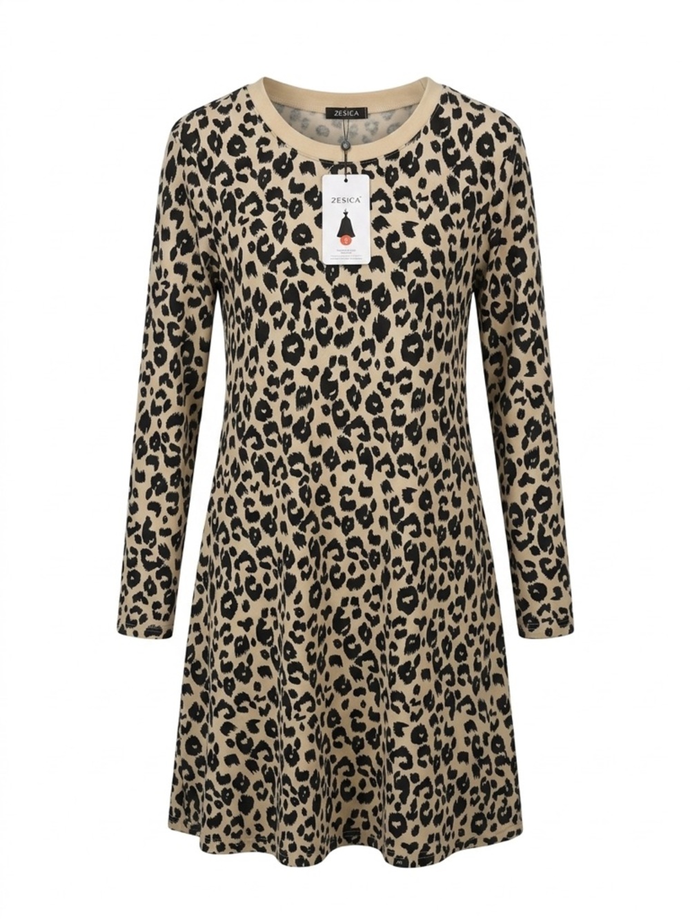 Leopard Print Long Sleeve Pocket Swing Dress - Beige & Black